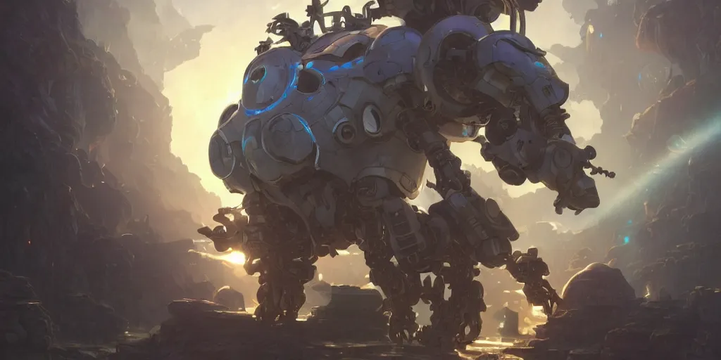 Image similar to robot mech from made in abyss by akihito tsukushi, backlight, centered rim lighting, deep focus, d & d, fantasy, intricate, elegant, highly detailed, digital painting, artstation, concept art, matte, sharp focus, illustration, hearthstone, art by artgerm and greg rutkowski and alphonse mucha