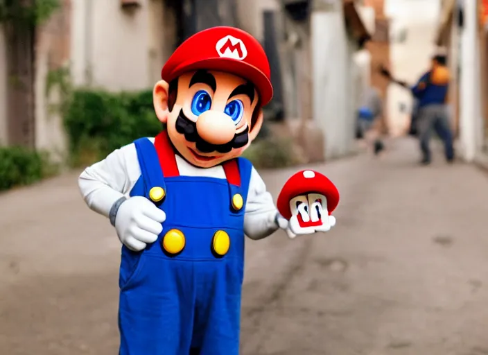 Prompt: super mario as a drug dealer selling a magical mushroom in the alleys of los angeles, super mario in real life, red hat, blue overalls, canon eos r 3, f / 1. 4, iso 2 0 0, 1 / 1 6 0 s, 8 k, raw, unedited, symmetrical balance, wide angle, 🍄🍄