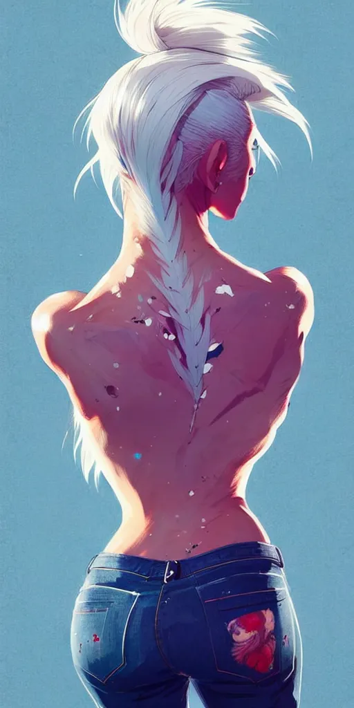 Image similar to a ultradetailed beautiful back painting of a stylish woman with white hair in a short pony tail, she is wearing jeans, by conrad roset, greg rutkowski and makoto shinkai trending on artstation