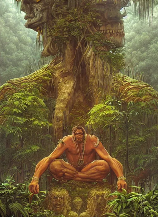 Image similar to a shaman sitting in the jungle, with giant faces of ancestors behind him, hyper detailed, art by christophe vacher