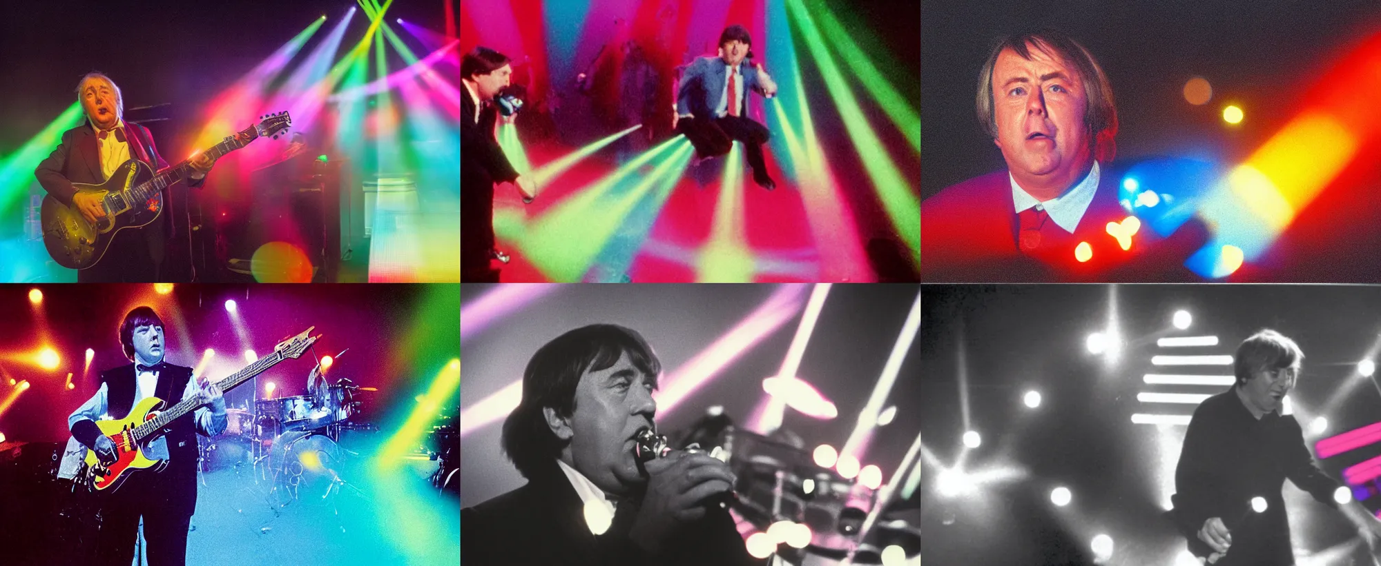 Prompt: colour photograph of 808 satate on top of the pops, close up of Jimmy tarbuck blowing on a shakalute, shallow depth of field cinematic multi coloured light show in the back ground