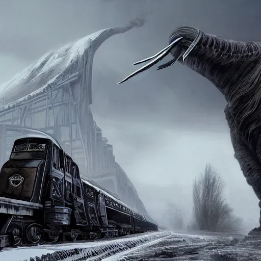 Image similar to an intricate futuristic black steam train and a giant mammoth, post - apocalyptic ice landscape with heavy snow, concept art, artstation, highly detailed, digital art