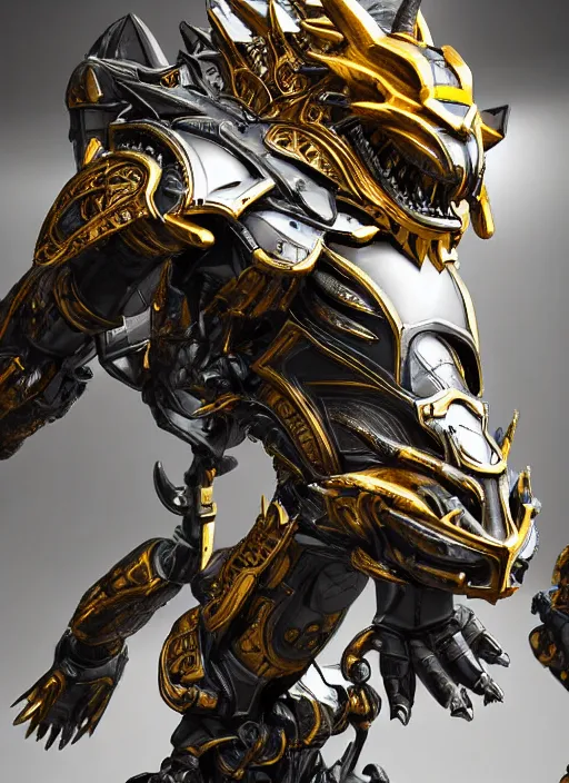 Image similar to hyper realistic glorious ancient wargreymon in a obsidian metal armor, futuristic design, designed by makoto kobayashi and luca zampriolo, portrait, cyberpunk style, wood and gold details, intricate, extremely detailed, ornate, deep of field, hard surface, exoskeleton, substance designer metal unreal engine, symmetrically, very detailed.