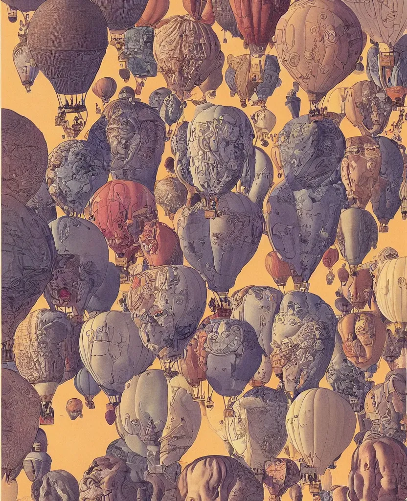 Prompt: human heads as hot air balloons illustration by salvador dali and moebius, intricately detailed