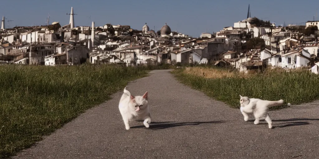 Image similar to photography of a cat running away with mortadella in his mouth with trullo houses in the background, photoreal, 3 5 mm, award winning photography