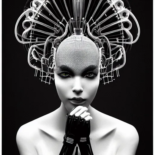 Prompt: portrait of an absurdly beautiful, graceful, sophisticated, fashionable black cyberpunk mechanoid gravure idol, ultrafine hyperdetailed illustration by irakli nadar, matt wisniewski style, marvel comics, intricate linework, porcelain skin, neon jellyfish headdress, ivory carved ruff, unreal engine 5 highly rendered, global illumination, radiant light, detailed and intricate environment