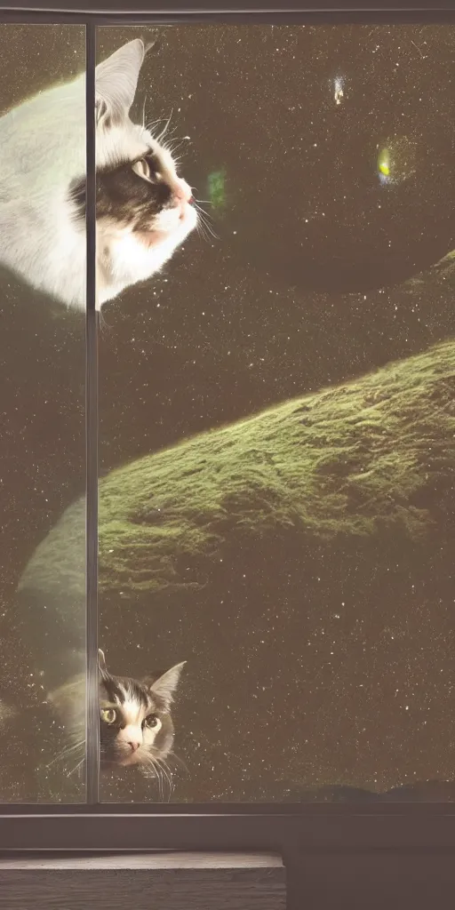 Prompt: photo of a cat watching a martian landscape from inside a futuristic window