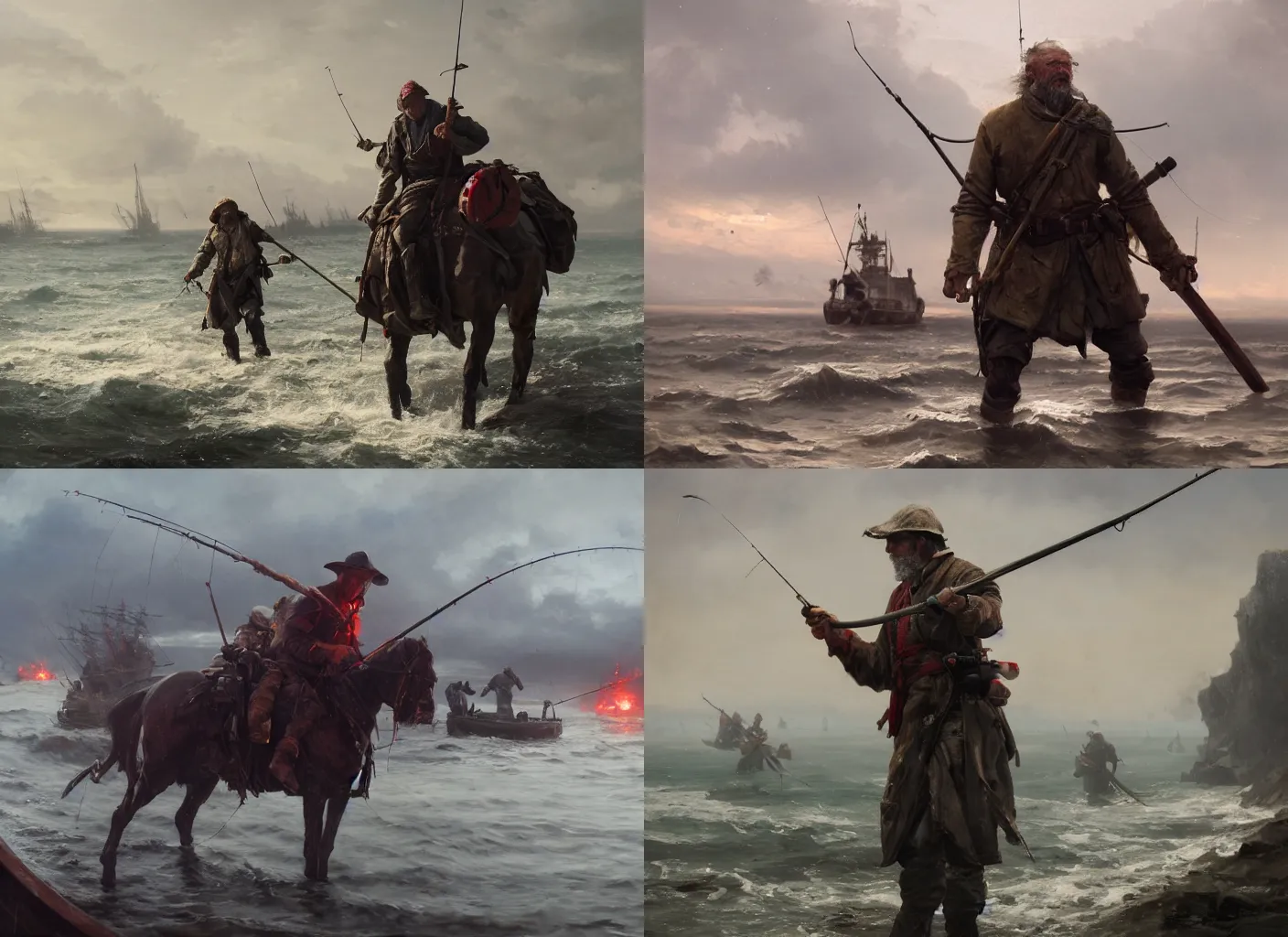 Prompt: cinematic shot of an old haggard fisherman with a fishing rod standing defiantly before an oncoming cavalry charge of red armored warriors by Greg Rutkowski, 4k, masterpiece