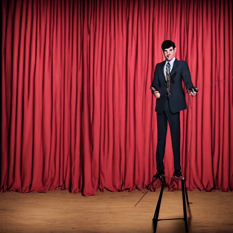 Image similar to dslr photograph of nathan fielder from nathan for you on comedy central behind a puppet stage with a red curtain as multiple marionette puppets controlled by hands holding the strings, high detail!!! 8 k photorealism sharp focus volumetric lighting, coherent!!! art directed, rule of thirds