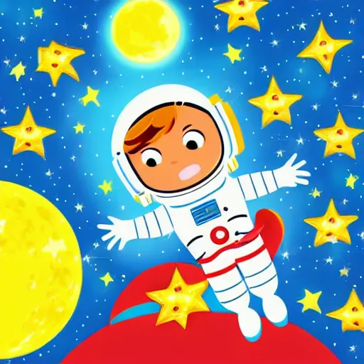 Image similar to cartoon astronaut floating around the moon with a rocket ship and shooting stars in the background, children's book illustration, highly detailed, high quality, bright colors,
