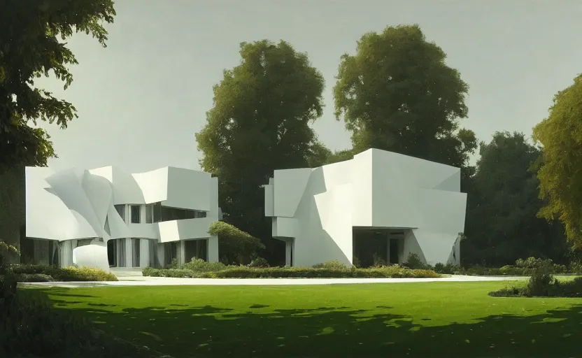 Prompt: painting of a wide angle exterior shot of a white modern architecture in the middle of an english garden with cinematic lighting by peter zumthor and frank gehry and renzo piano, darek zabrocki and greg ruthkowski, alphonse mucha, simon stalenhag and cinematic and blue cold atmospheric, archillect concept art, artstation, trending on artstation