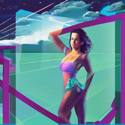 Image similar to a highly detailed and realistic concept art of Kelly Monaco in a vaporwave artwork composition, windows 95 elements,