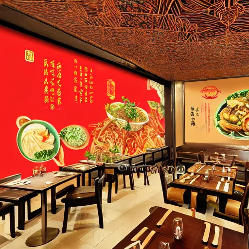 Image similar to a beautiful hyperdetailed 4 k hd wallpaper illustration interior of roasted string hotpot restaurant restaurant yan'an, wall painting, from china, with merchant logo, fine delicate structure, chinese style, victo ngai