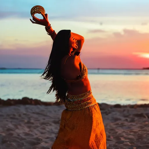 Image similar to 3 5 year old mediterranean skinned woman in ancient canaanite clothing dancing with a tambourine by the ocean, sunset, other women dancing behind,