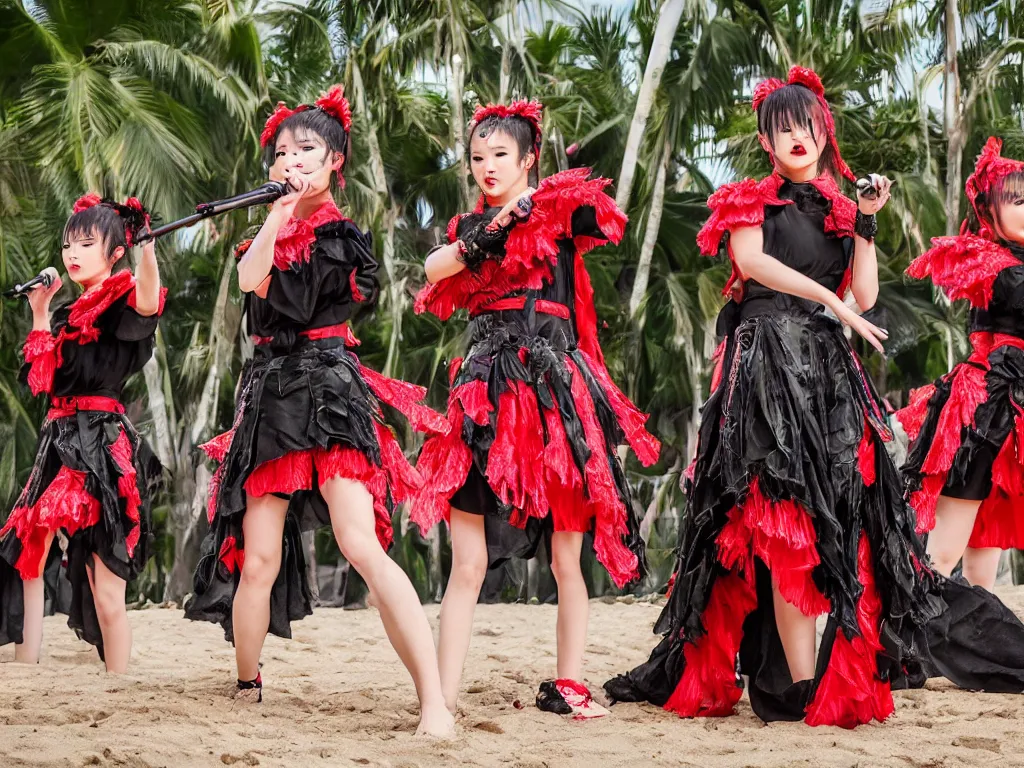 Image similar to babymetal 3 members performing on a tropical beach beautiful, scenery, high detail face, High Definition detail, 8K, photography