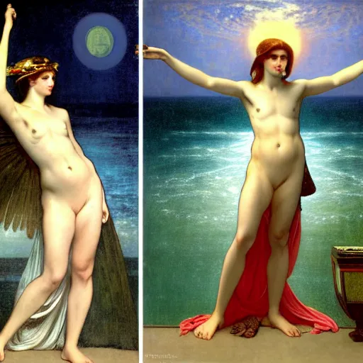 Image similar to Moon girl at the palace, thunderstorm, greek pool, beach and palm trees on the background major arcana sky, by paul delaroche, alphonse mucha and arnold böcklin arnold böcklin hyperrealistic 8k, very detailed