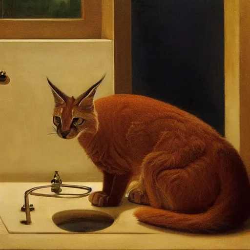 Image similar to cute caracal in bathtub, extremely detailed masterpiece, oil on canvas, low-key neon lighting, artstation, Blade Runner 2049, Roger Deakin’s cinematography, by J. C. Leyendecker and Peter Paul Rubens and Edward Hopper and Michael Sowa