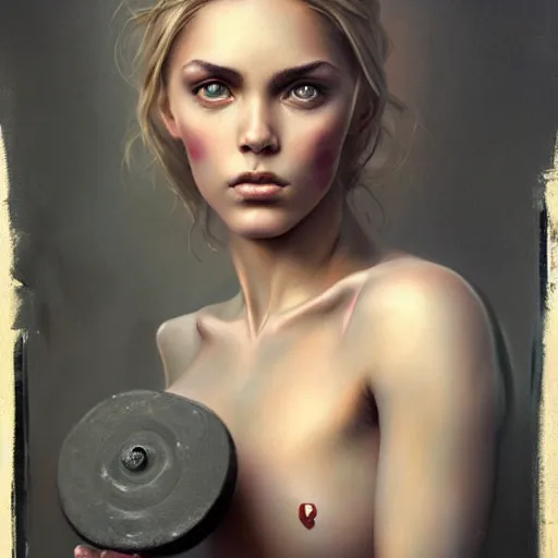 Image similar to painting of a very beautiful girl with muscles lifting weights, very beautiful face, pretty face, very detailed eyes by tom bagshaw, greg rutkowski, wlop