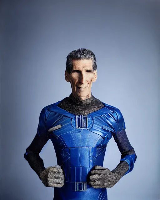 Prompt: Actor Michael Rennie Starring as Reed Richards, Colorful, Modern, Cutting Edge, photographed in costume by Annie Leibovitz, Studio Lighting