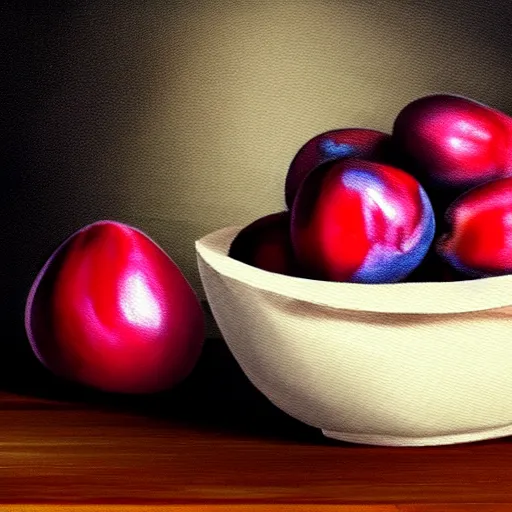 Prompt: concept art of a single bowl filled with a few moist freshly picked plums on a wooden table. painting, illustration, volumetric lighting, highly detailed, small scale, art, trending on artstation.