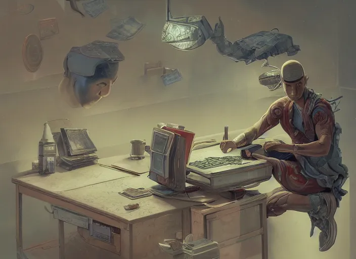 Prompt: an insanely detailed painting of an asian man wearing a homemade superhero costume, sitting at a desk, staring seriously at the computer and typing, in the style of peter mohrbacher, james jean, ruan jia, dramatic lighting and composition, surreal background, octane render, pixar, trending on artstation, concept art, comic book, view from behind, 8 k