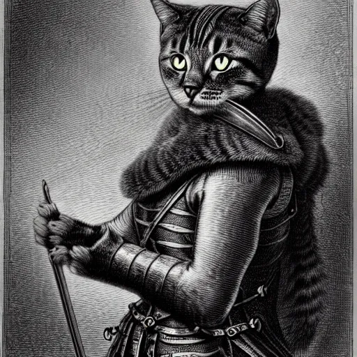 Image similar to engraving portrait of humanoid cat in medieval armoury by gustave dore. trending on deviant art, street art, chillwave, maximalist, full of color, glittering, 8 k, hd