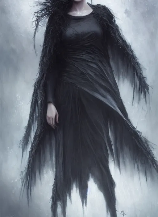 Image similar to a teenage girl with very short black hair and a huge cloak made of grey and black raven feathers standing in the mist. mist swirls around her. beautiful highly detailed face. beautiful painting by artgerm and greg rutkowski and raymond swanland