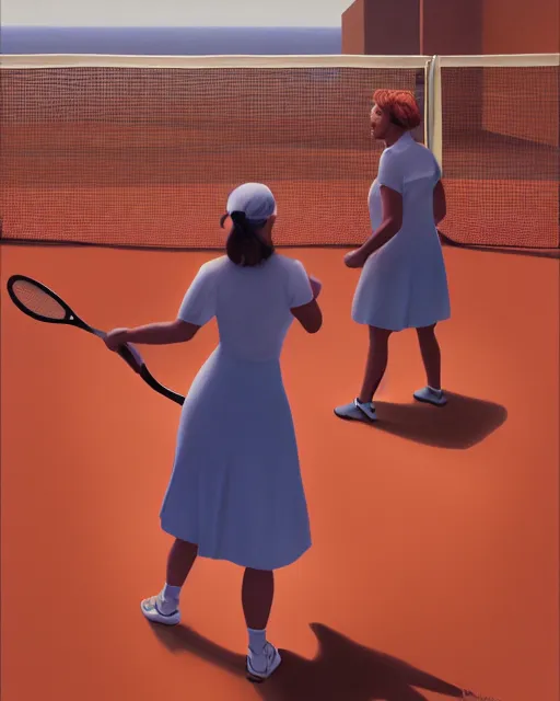 Image similar to woman playing tennis painted by George Tooker volumetric lighting, back lighting, rimlight, dramatic lighting, digital painting, highly detailed, artstation, sharp focus, illustration, Artgerm, Jean-Léon Gérôme , ruan jia