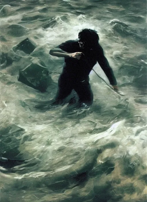 Prompt: joe biden drowning, water rushing lungs, fear!!!!!! scary, painting by phil hale, fransico goya,'action lines '!!!, graphic style, visible brushstrokes, motion blur, blurry, visible paint texture, crisp hd image