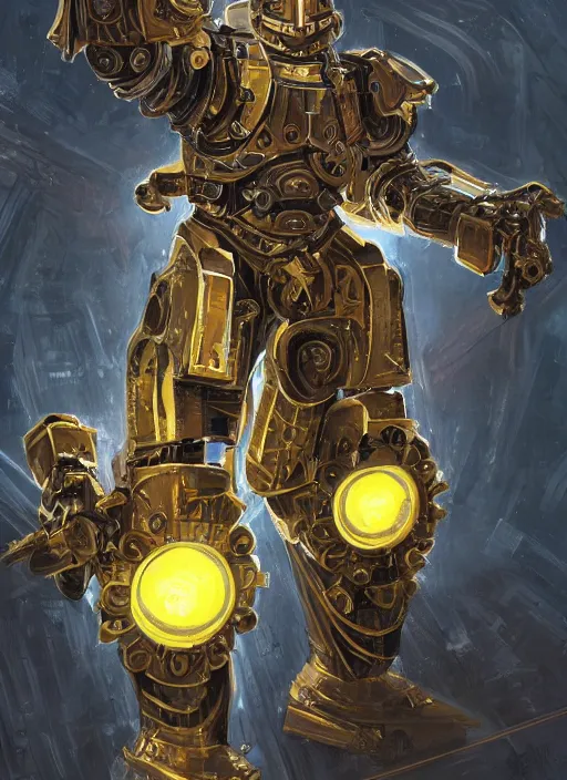 Image similar to dynamic attack position abstract portrait of a intricate glorious holy mechanical warforged character in yellow armor holding a paladin engraved great longsword drawn and carrying a big paladin shield, glowing!!!! eye!!!!!, face in focus, pit droid, epic , trending on ArtStation, masterpiece, cinematic lighting, by Ross Tran and by Greg Rutkowski