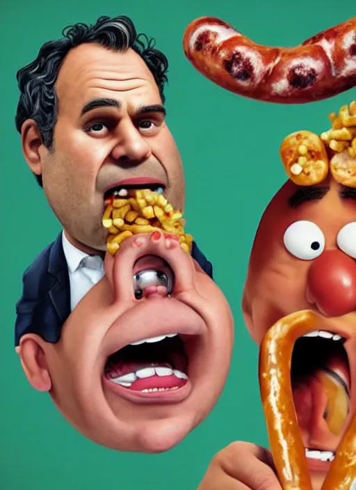 Prompt: hyperrealistic mark ruffalo caricature screaming on a dartboard surrounded by big fat frankfurter sausages with a trippy surrealist mark ruffalo screaming portrait on Spitting Image by and memphis group and aardman animation, mark ruffalo caricature dartboard with hot dogs, mascot, target reticles, dart board