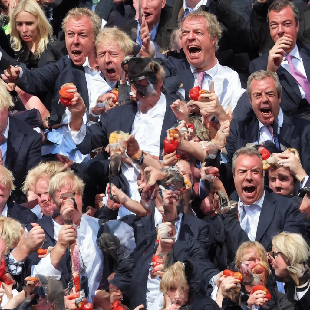 Prompt: jeremy clarkson shouting angry, nigel farage shouting angry, boris johnson shouting angry, all fighting over hot dogs