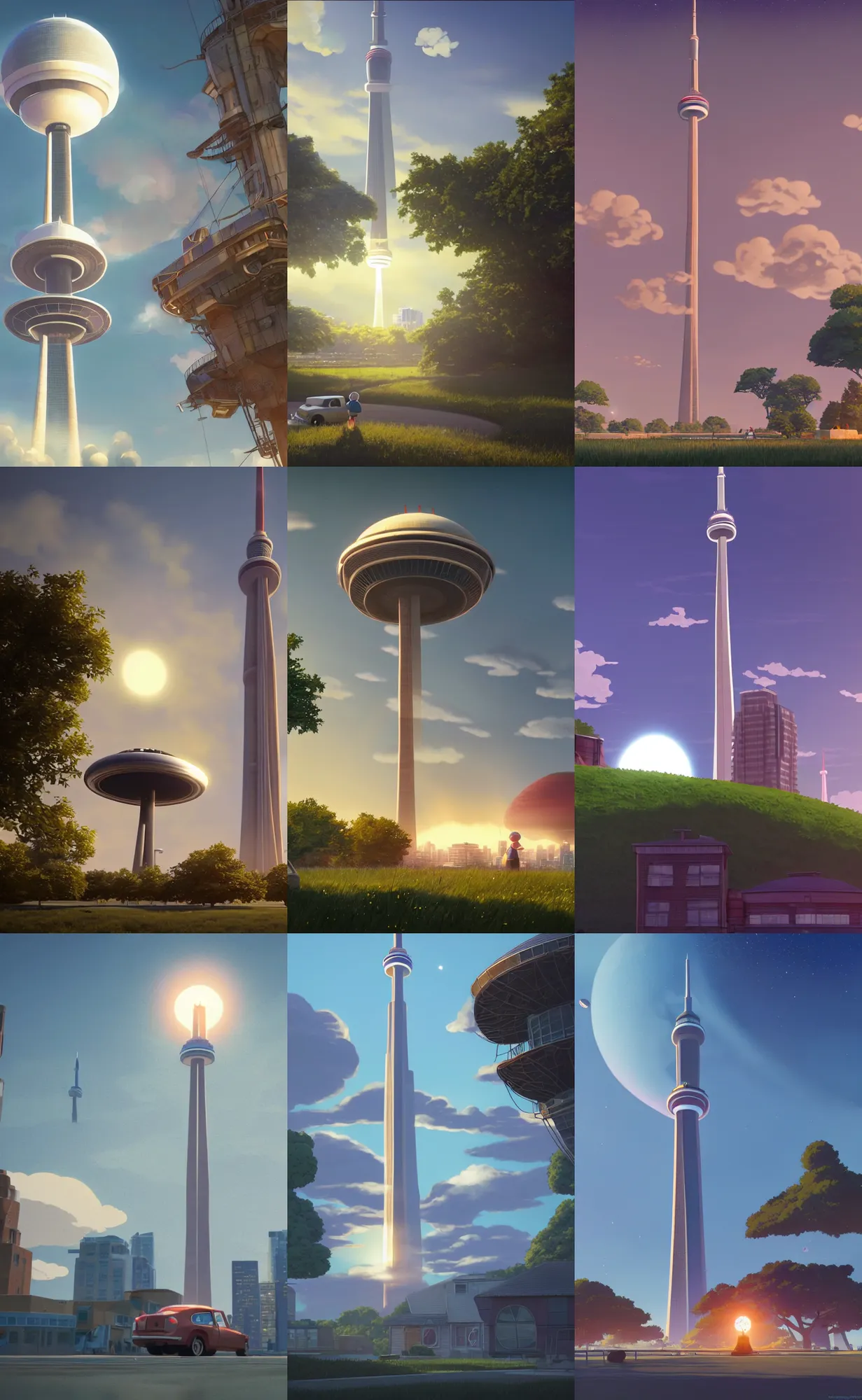 Prompt: a wholesome illustration of a UFO and the CN Tower of Toronto, studio Ghibli, Pixar and Disney animation, sharp, Rendered in Redshift and Unreal Engine 5 by Greg Rutkowski, Bloom, dramatic lighting