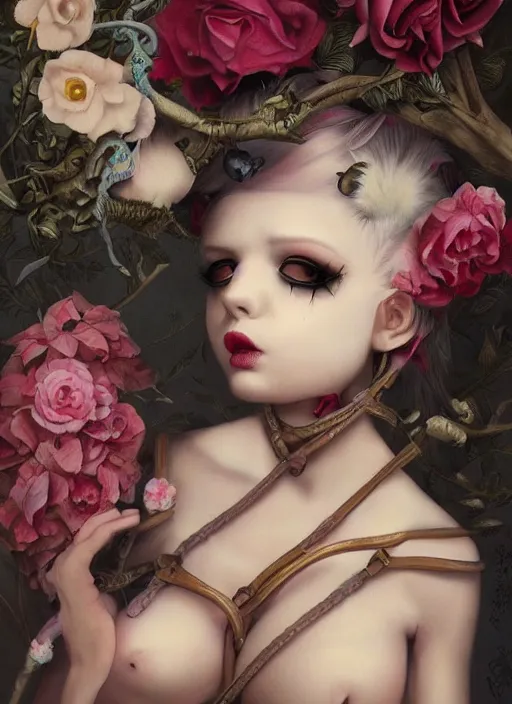 Image similar to pop surrealism, lowbrow art, realistic seductive cute woman painting, body harness, japanese shibari with flowers, hyper realism, muted colours, rococo, natalie shau, loreta lux, tom bagshaw, mark ryden, trevor brown style,