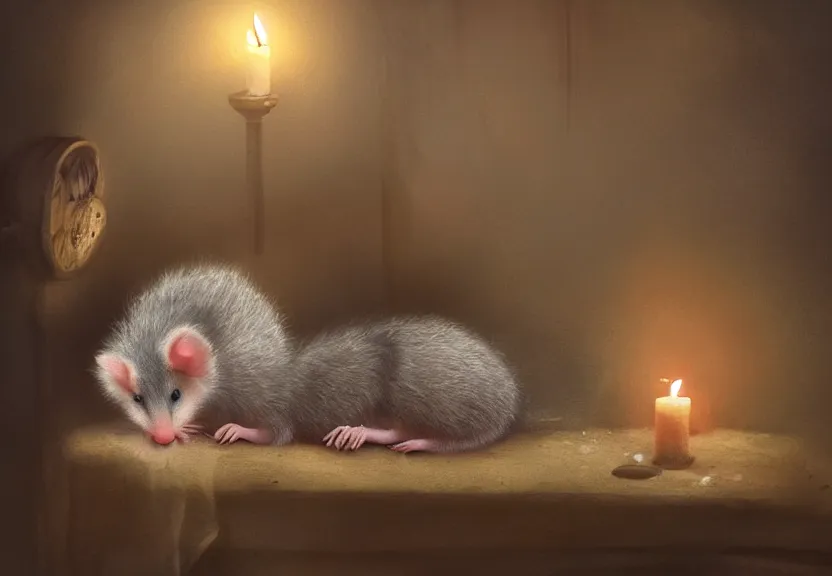 Image similar to cute possum in its pajamas sleeping in a bed in a medieval cluttered cottage at night under the dim light of a candle, dark fantasy, dreaming illusion, trending on artstation