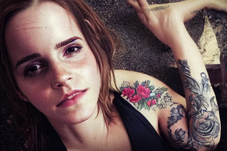 Image similar to emma watson, dope tattoo, hyperrealistic