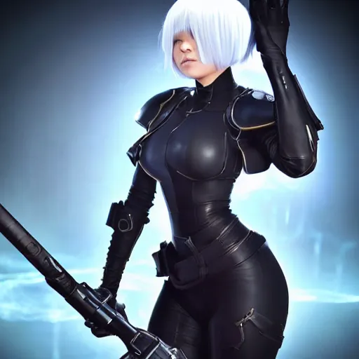 Prompt: full body shot of 2B with a Yorha blindfold as a Starcraft 2 commander, highly-detailed