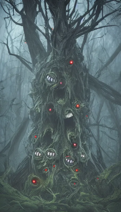 Image similar to a storm vortex made of many demonic eyes and teeth over a forest, with octane