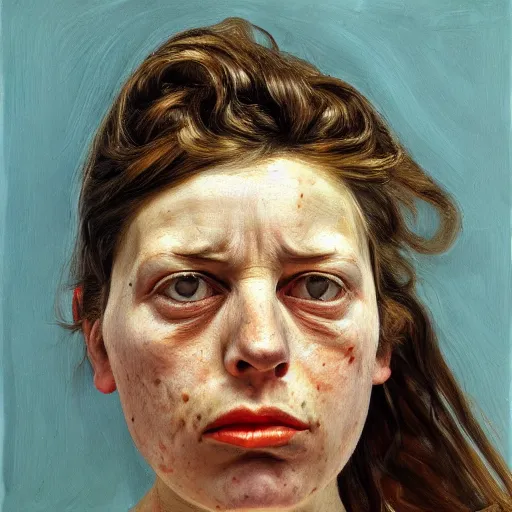 Image similar to high quality high detail painting by lucian freud, hd, angry brunette girl portrait, photorealistic lighting