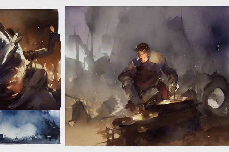Prompt: small centered on watercolor paper, paint brush strokes, abstract watercolor painting of forge, medieval blacksmith, cinematic light, national romanticism by hans dahl, by jesper ejsing, by anders zorn, by greg rutkowski, by greg manchess, by tyler edlin