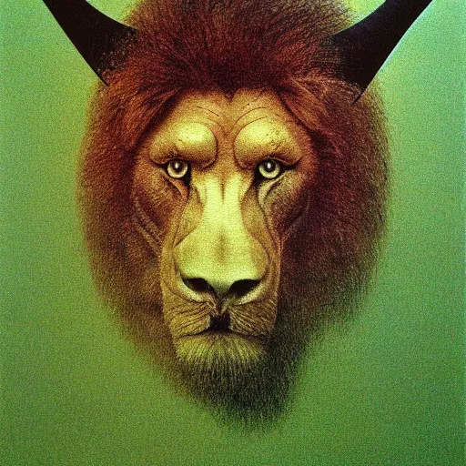 Prompt: a creature with the body and eyes of a man, with the beak of an eagle, the mane of a lion, and the horns of an ox. drawn by zdzislaw beksinski, green, pink, blue