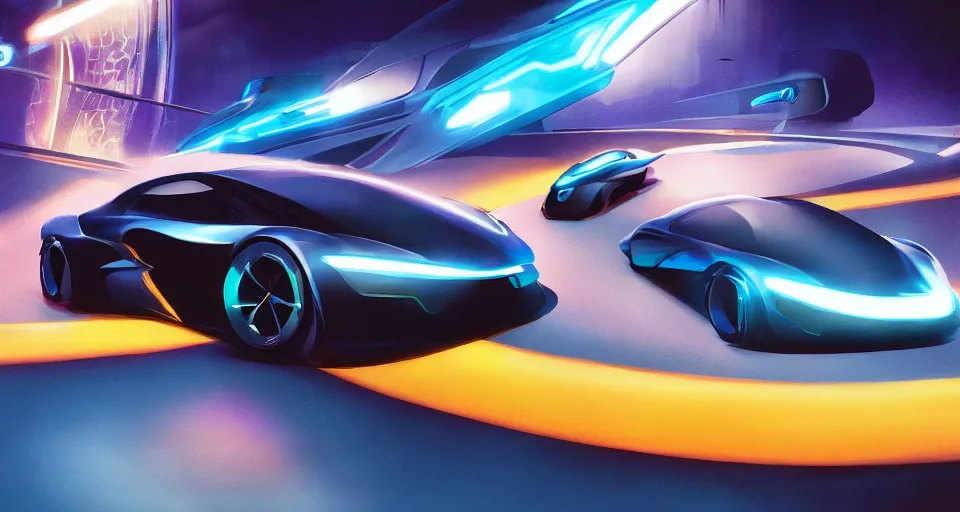 Image similar to dream tron tesla light cycle race, hot wheels, wipe out, hyper realistic, concept art, smooth, high contrast, volumetric lighting, octane, raytrace, syd mead, artgerm, jim lee,