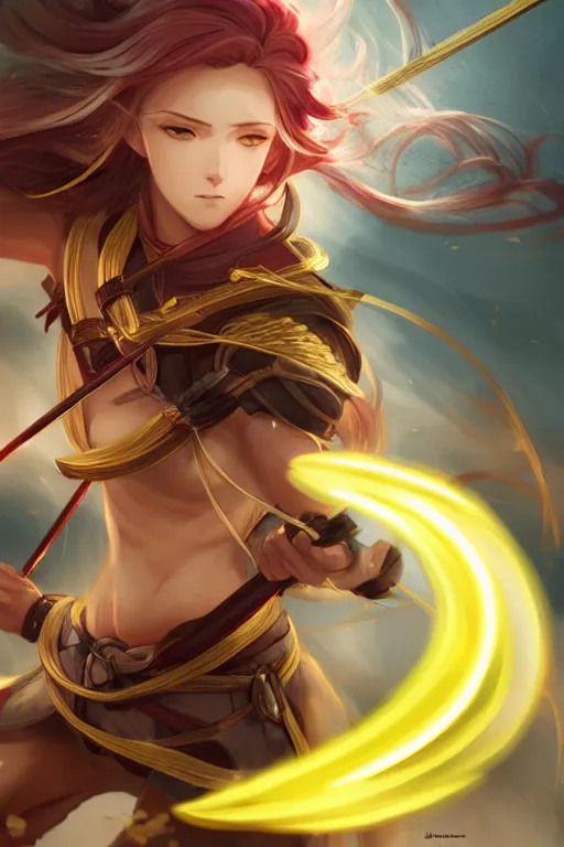 Prompt: beautiful attrative face female archer with yellow flash and red leave around her, light flowing hair, anime key visual, absurdly beautiful, highly detailed, sharp focus, concept art, granblue fantasy, anime by serafleur / d pin / rongzhen luo / mingdosa / ruan jia / gemi ningen