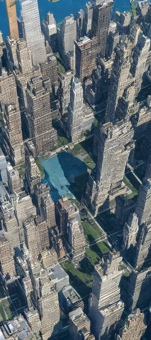 Image similar to aerial view of a giant fish tank shaped like a tower in the middle of new york city, 8k octane render, photorealistic