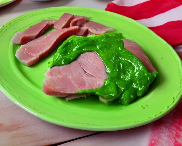 Image similar to Green eggs and ham. A healthy shade of green for eggs and meat. Fresh, cooked, scrumptious!