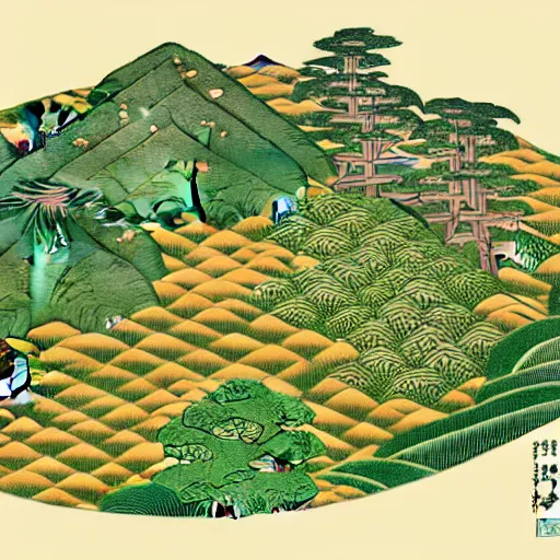 Prompt: 3d isometric botanical illustration of a human settlement in the mountain forest, diego rivera in Ukiyo-e style, HD