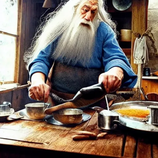 Prompt: Gandalf cooking in a hobbits house