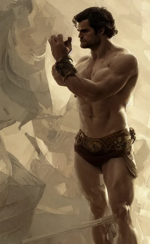 Prompt: Henry Cavill as a Greek god, gorgeous, amazing, muscular, intricate, highly detailed, digital painting, artstation, thighs!!!, concept art, sharp focus, illustration, art by greg rutkowski and alphonse mucha