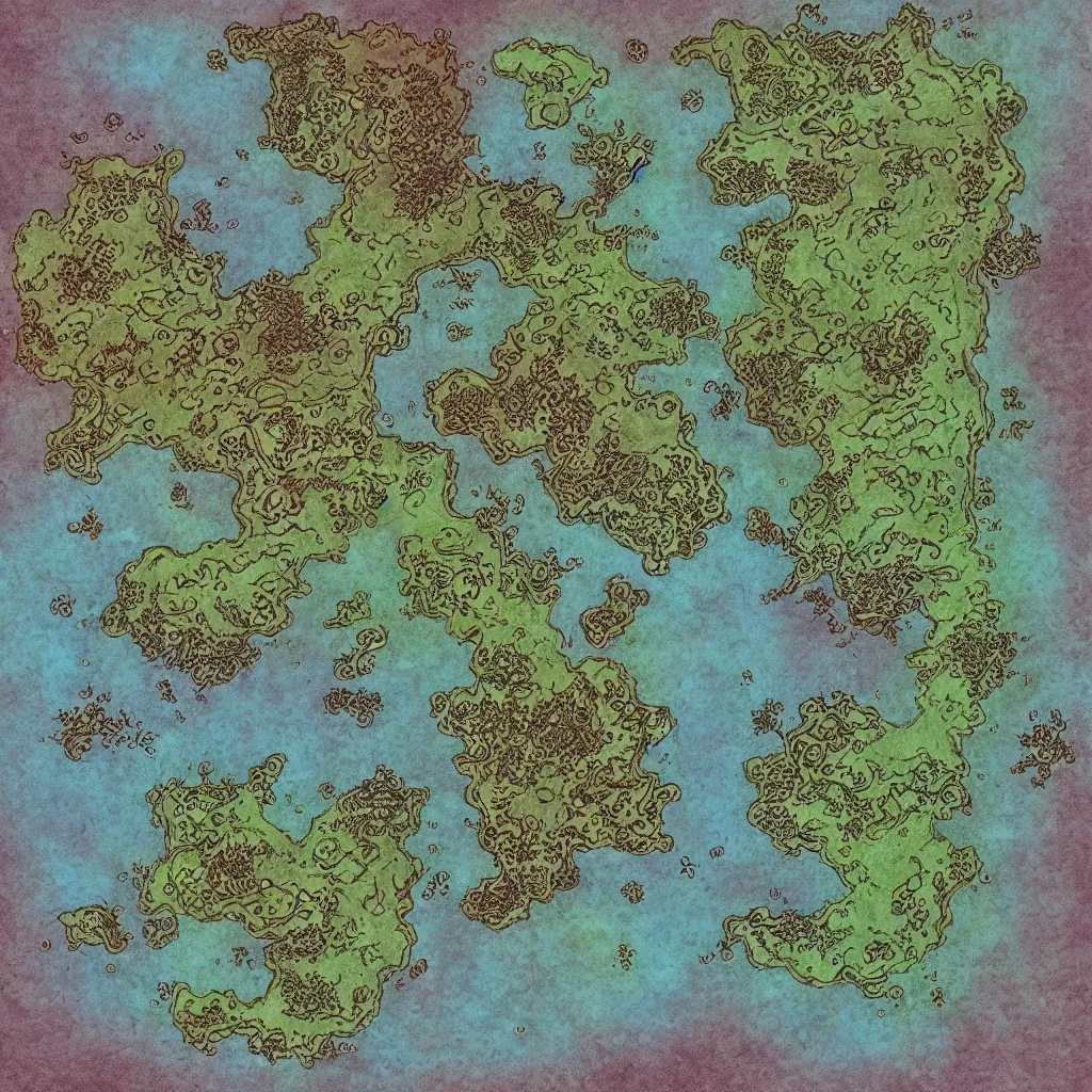 Prompt: detailed fantasy map, cartography, art by devon rue, swllsword maps, critical role, wotc, roll 2 0, dndbeyond, godsfall, fantasy, world, bright, sharp focus, smooth, sharpened