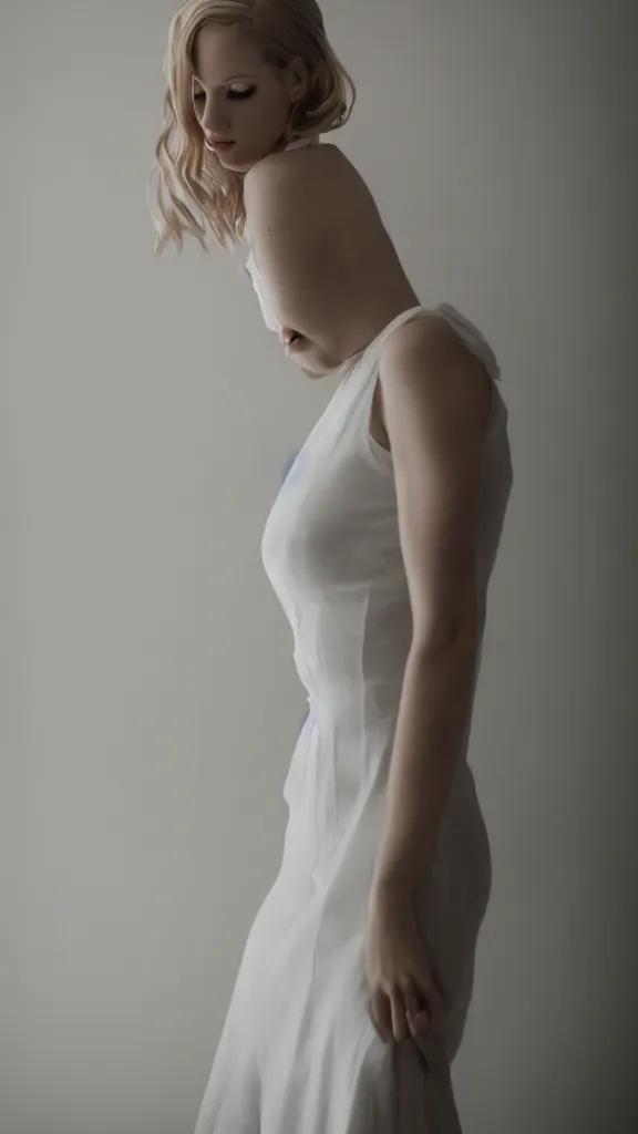 Image similar to photo of gorgeous tall emily skinner cosplaying annie leonhart wearing elegant white dress in a white room, beautiful face, pale skin, rule of thirds, cinematic lighting, rainy weather, melancholy atmosphere, sharp focus, backlit, stunning, smooth, hard focus, full body shot, studio photo, shot on sony a 7 iii, hyper realistic,